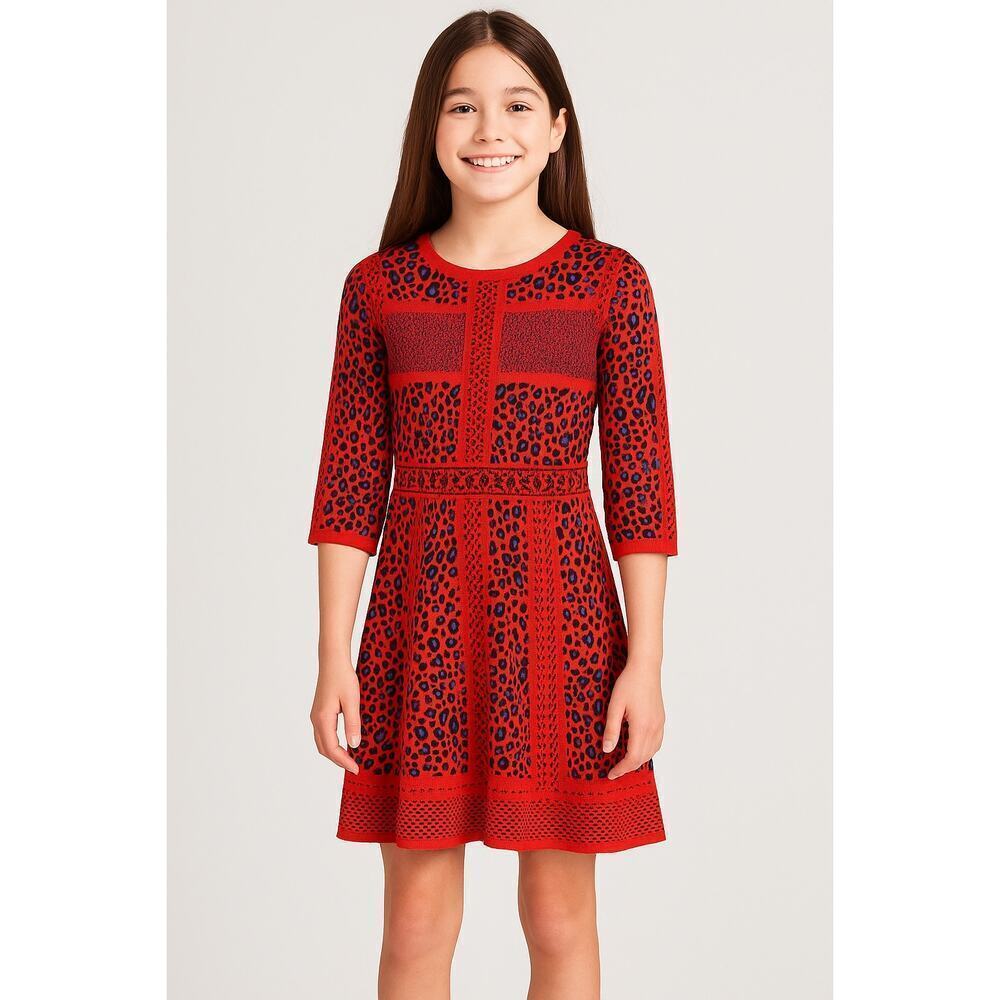 NWT GB Girls Red Leopard Print Knit Dress Sz L (12/14) - Picture 1 of 5